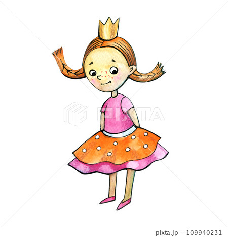 Watercolor hand drawn beautiful cute little princess girl in pink orange polka dot dress with gold crown. book Illustration isolated on white background. Watercolor hand drawn beautiful cute little princess girl in pink orange polka dot dress with gold crown. book Illustration isolated on white background. 109940231