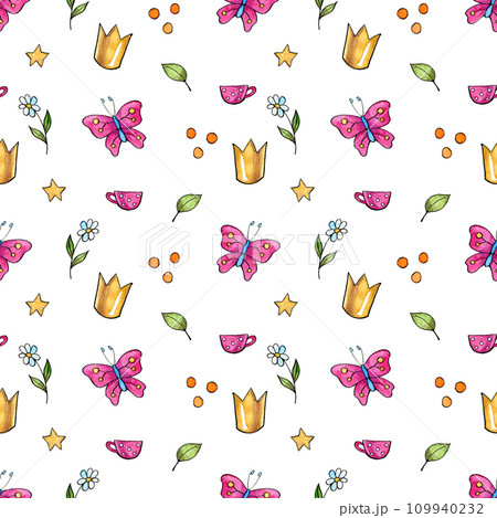 Seamless abstract pattern with crowns, butterflies, flowers and stars. Creative childish pattern. Great for fabric, textile Illustration Seamless abstract pattern with crowns, butterflies, flowers and stars. Creative childish pattern. Great for fabric, textile Illustration 109940232
