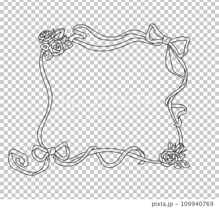 手書きの薔薇とリボンの装飾フレーム、線画 手書きの薔薇とリボンの装飾フレーム、線画 109940769