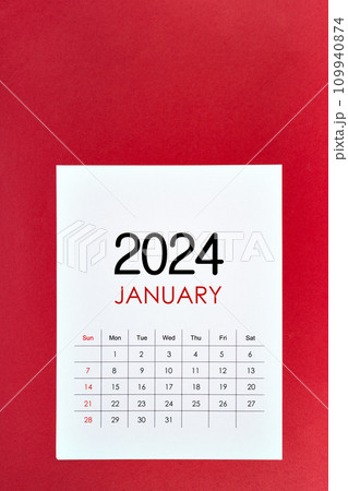January 2024 calendar page on red. 109940874
