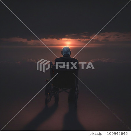 老後イメージ　夕日　一人　孤独　日没　AI生成画像 109942646