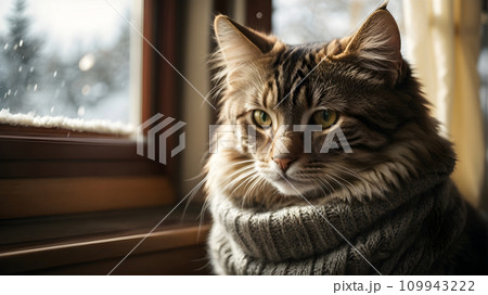 cat in cozy room look out of window in winter 109943222