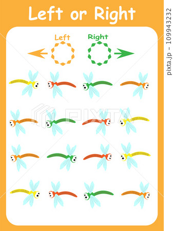 Left and right. Directions for children. Logic game. Orientation in space. Study sheet. 109943232