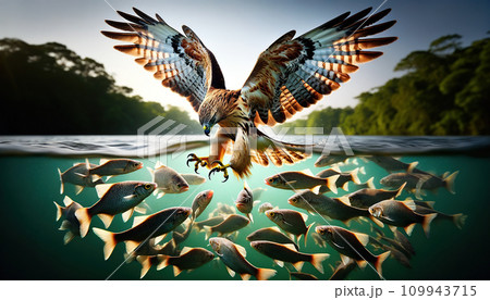 Red-tailed Hawk flying over the lake with fish. 3d rendering. Generative AI 109943715