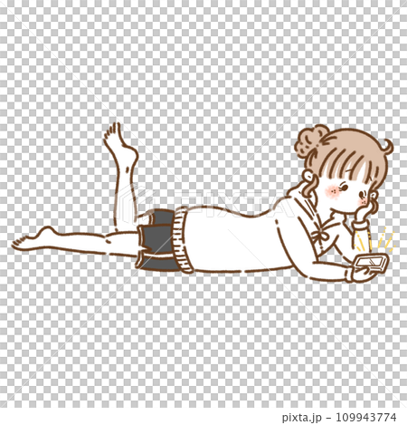 寝転んでスマホをいじるお団子の女の子 寝転んでスマホをいじるお団子の女の子 109943774