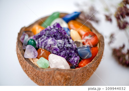 Various crystals for healing, magical practices, minerals for esoteric spiritual practice, Healing Crystal Ritual, Witchcraft, Relax Chakra. Feng Shui, reiki therapy concept, spiritual force human. Various crystals for healing, magical practices, minerals for esoteric spiritual practice, Healing Crystal Ritual, Witchcraft, Relax Chakra. Feng Shui, reiki therapy concept, spiritual force human. 109944032