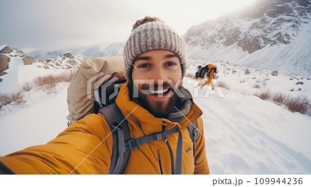 AI-generated content. Traveler influencer taking selfie during travel in winter season comeliness 109944236