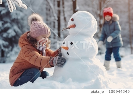 AI-generated content. Happy father, mother and kids sculpting funny snowman comeliness 109944349