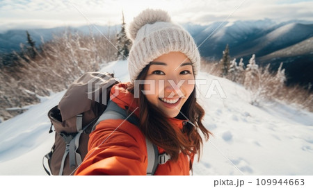 AI-generated content. Traveler influencer taking selfie during travel in winter season comeliness 109944663