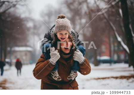 AI-generated content. Happy family having fun while travel outdoor in winter comeliness AI-generated content. Happy family having fun while travel outdoor in winter comeliness 109944733