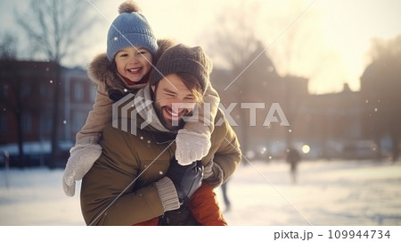 AI-generated content. Happy family having fun while travel outdoor in winter comeliness 109944734