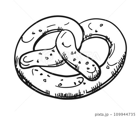 Vector linear illustration of German pretzel. Drawing by Brezel, engraving, ink. Traditional snack at the Oktoberfest beer festival. For menu, cafe, poster, banner, emblem, sticker. 109944735