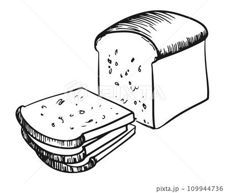 Hand drawn vector illustration of fresh wheat bread. Soft white bread is cut into pieces for toast. Infographic symbol, packaging label, bakery logo, bistro. Hand drawn vector illustration of fresh wheat bread. Soft white bread is cut into pieces for toast. Infographic symbol, packaging label, bakery logo, bistro. 109944736