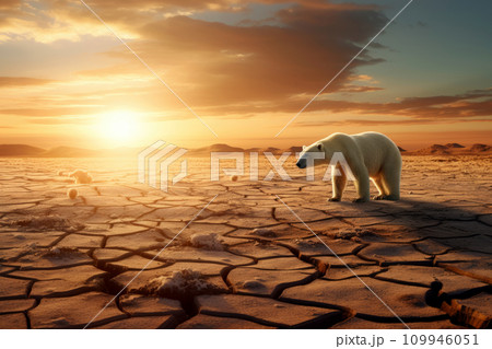 Conceptual image featuring a polar bear in a setting related to global warming. Generative AI 109946051