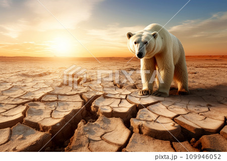 Conceptual image featuring a polar bear in a setting related to global warming. Generative AI 109946052