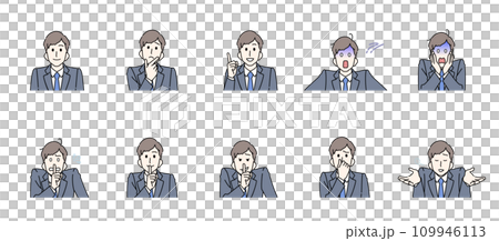 Facial expression, pose, and reaction set of a young man wearing a suit 109946113