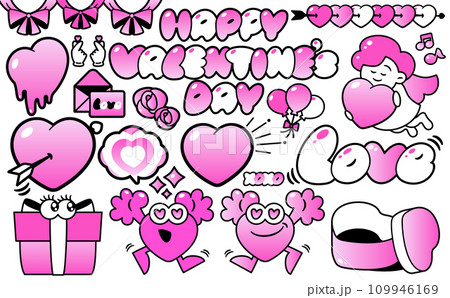ハートやプレゼント・リボン・バルーン等のバレンタインデーに使いやすいポップでかわいいイラストセット ハートやプレゼント・リボン・バルーン等のバレンタインデーに使いやすいポップでかわいいイラストセット 109946169