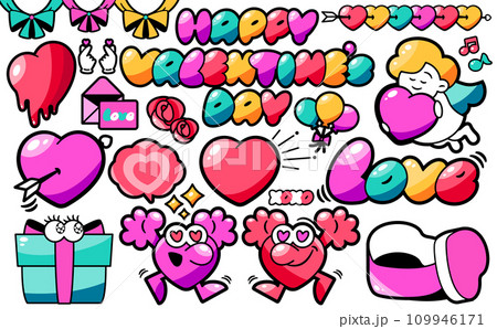 ハートやプレゼント・リボン・バルーンのバレンタインデーがテーマのカラフルポップでかわいいイラスト ハートやプレゼント・リボン・バルーンのバレンタインデーがテーマのカラフルポップでかわいいイラスト 109946171