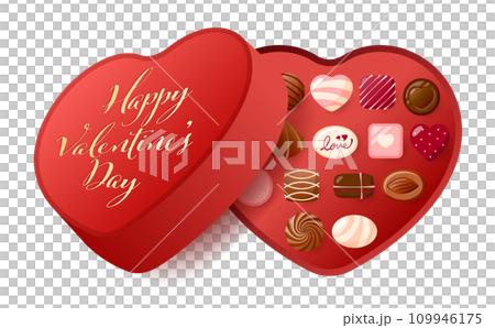 Illustration of Valentine's Day chocolate presents and gifts lined up in a heart-shaped box perfect for Valentine's Day 109946175