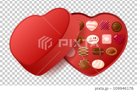 情人節巧克力禮物和禮品的插圖，排列在心形盒子中，非常適合情人節 109946176