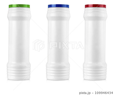 Set of Colored White plastic bottles with liquid laundry detergent, cleaning agent, bleach or fabric softener isolated on white background 109946434