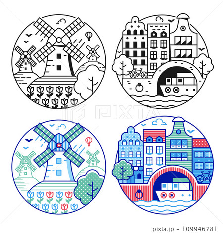 Travel Netherlands Circle Icons in Line Art Travel Netherlands Circle Icons in Line Art 109946781