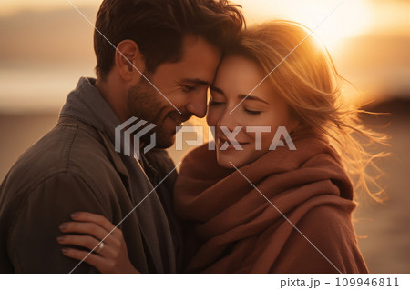 A Couple Cuddling on the Beach at Sunset, AI Generated 109946811