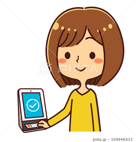 マイナンバーカードをカードリーダーにかざす女性　読み取り成功　イラスト素材 109946833