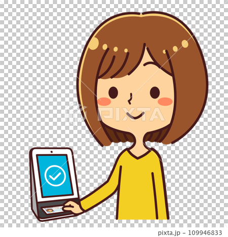 マイナンバーカードをカードリーダーにかざす女性　読み取り成功　イラスト素材 109946833