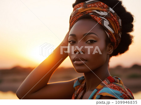 Black Woman with Sunlight Behind Her Head, AI Generated 109946835
