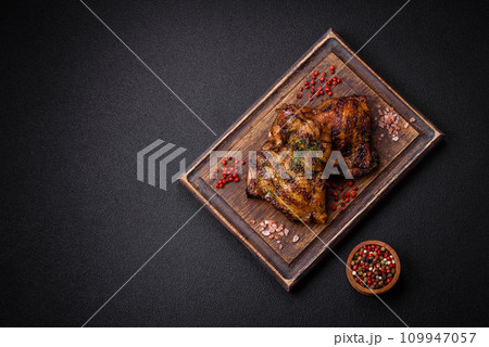 Delicious juicy beef or chicken steak with salt, spices and herbs 109947057