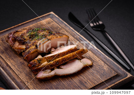 Delicious juicy beef or chicken steak with salt, spices and herbs Delicious juicy beef or chicken steak with salt, spices and herbs 109947097