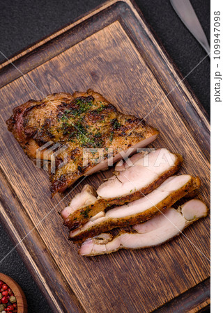 Delicious juicy beef or chicken steak with salt, spices and herbs Delicious juicy beef or chicken steak with salt, spices and herbs 109947098