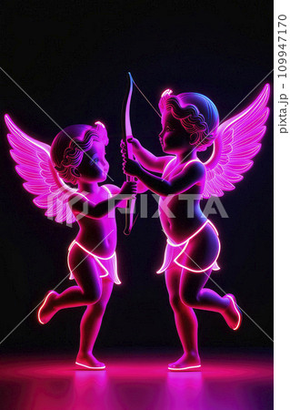 Cupid silhouettes in shape neon light on dark background. 109947170