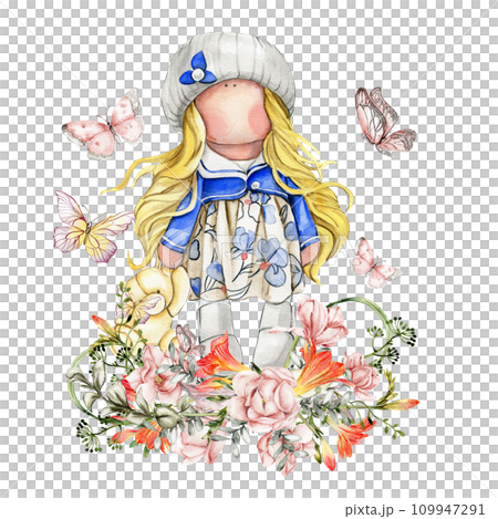 Composition of doll Tilda in dress and freesia flowers. Hand drawn watercolor illustration. Design for baby shower party, birthday, cake, holiday celebration design, greetings card, invitation, sticke 109947291