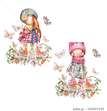 Composition of doll Tilda in dress and freesia flowers. Hand drawn watercolor illustration. Design for baby shower party, birthday, cake, holiday celebration design, greetings card, invitation, sticke Composition of doll Tilda in dress and freesia flowers. Hand drawn watercolor illustration. Design for baby shower party, birthday, cake, holiday celebration design, greetings card, invitation, sticke 109947295