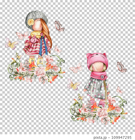 Composition of doll Tilda in dress and freesia flowers. Hand drawn watercolor illustration. Design for baby shower party, birthday, cake, holiday celebration design, greetings card, invitation, sticke Composition of doll Tilda in dress and freesia flowers. Hand drawn watercolor illustration. Design for baby shower party, birthday, cake, holiday celebration design, greetings card, invitation, sticke 109947295