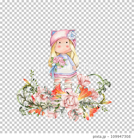 Composition of doll Tilda in dress and freesia flowers. Hand drawn watercolor illustration. Design for baby shower party, birthday, cake, holiday celebration design, greetings card, invitation, sticke 109947308