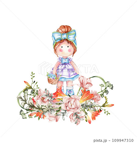 Composition of doll Tilda in dress and freesia flowers. Hand drawn watercolor illustration. Design for baby shower party, birthday, cake, holiday celebration design, greetings card, invitation, sticke Composition of doll Tilda in dress and freesia flowers. Hand drawn watercolor illustration. Design for baby shower party, birthday, cake, holiday celebration design, greetings card, invitation, sticke 109947310