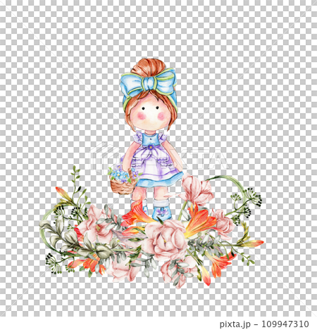 Composition of doll Tilda in dress and freesia flowers. Hand drawn watercolor illustration. Design for baby shower party, birthday, cake, holiday celebration design, greetings card, invitation, sticke Composition of doll Tilda in dress and freesia flowers. Hand drawn watercolor illustration. Design for baby shower party, birthday, cake, holiday celebration design, greetings card, invitation, sticke 109947310