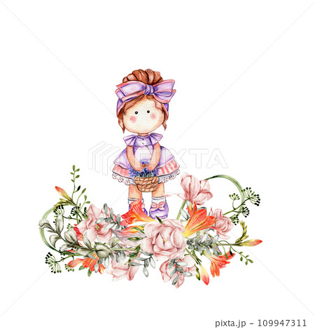 Composition of doll Tilda in dress and freesia flowers. Hand drawn watercolor illustration. Design for baby shower party, birthday, cake, holiday celebration design, greetings card, invitation, sticke Composition of doll Tilda in dress and freesia flowers. Hand drawn watercolor illustration. Design for baby shower party, birthday, cake, holiday celebration design, greetings card, invitation, sticke 109947311