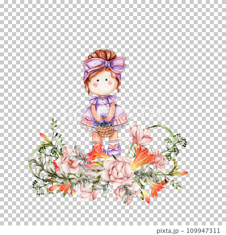 Composition of doll Tilda in dress and freesia flowers. Hand drawn watercolor illustration. Design for baby shower party, birthday, cake, holiday celebration design, greetings card, invitation, sticke Composition of doll Tilda in dress and freesia flowers. Hand drawn watercolor illustration. Design for baby shower party, birthday, cake, holiday celebration design, greetings card, invitation, sticke 109947311