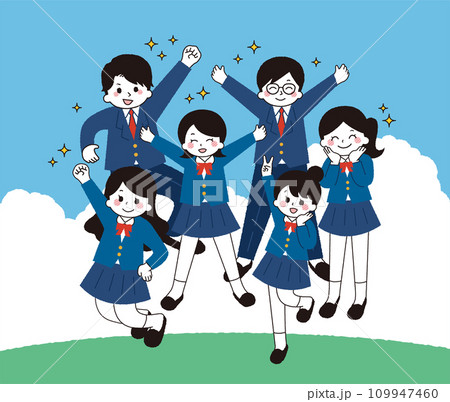 大空を背景にジャンプをする女子学生と男子学生。 109947460