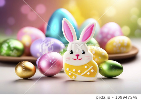 Easter holiday concept. Easter cookies with icing in the shape of a bunny. 109947548