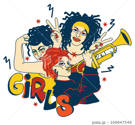 Three bright female characters. Girl power. Vector isolated illustration. 109947549