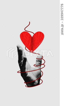 Male hand with string and papercut heart shape. Contemporary art collage. Minimalism. Valentine's day Male hand with string and papercut heart shape. Contemporary art collage. Minimalism. Valentine's day 109947776