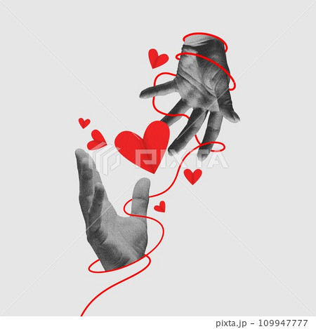 Mae and female hands over papercut heart. Relationship, dating. Contemporary art collage. Minimalism. Valentine's day Mae and female hands over papercut heart. Relationship, dating. Contemporary art collage. Minimalism. Valentine's day 109947777