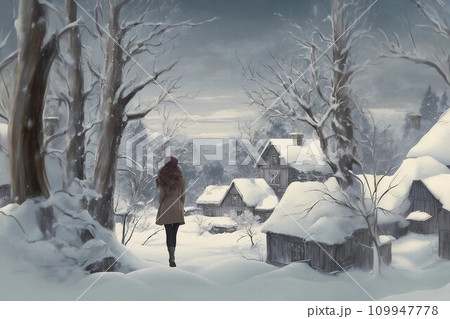 雪の降る静かな村の冬景色と歩く女性のノスタルジーなイラスト 雪の降る静かな村の冬景色と歩く女性のノスタルジーなイラスト 109947778