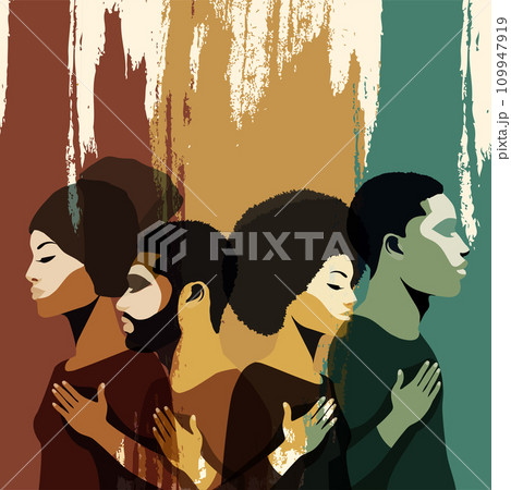 Profile silhouettes people African and African American. Ethnic group black men and women. Black history month event. Racial equality - justice - identity - anti-racism - inclusion. Banner Profile silhouettes people African and African American. Ethnic group black men and women. Black history month event. Racial equality - justice - identity - anti-racism - inclusion. Banner 109947919