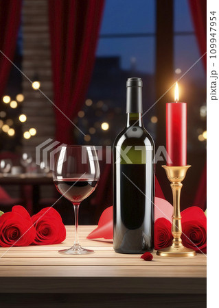Bottle and glasses of wine on table in cafe. Valentine's Day celebration table setting, romantic atmosphere. Bottle and glasses of wine on table in cafe. Valentine's Day celebration table setting, romantic atmosphere. 109947954
